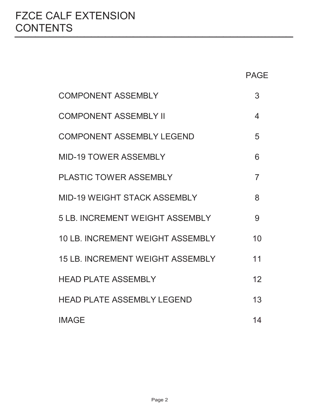 Life Fitness FZCE manual Fzce Calf Extension Contents 