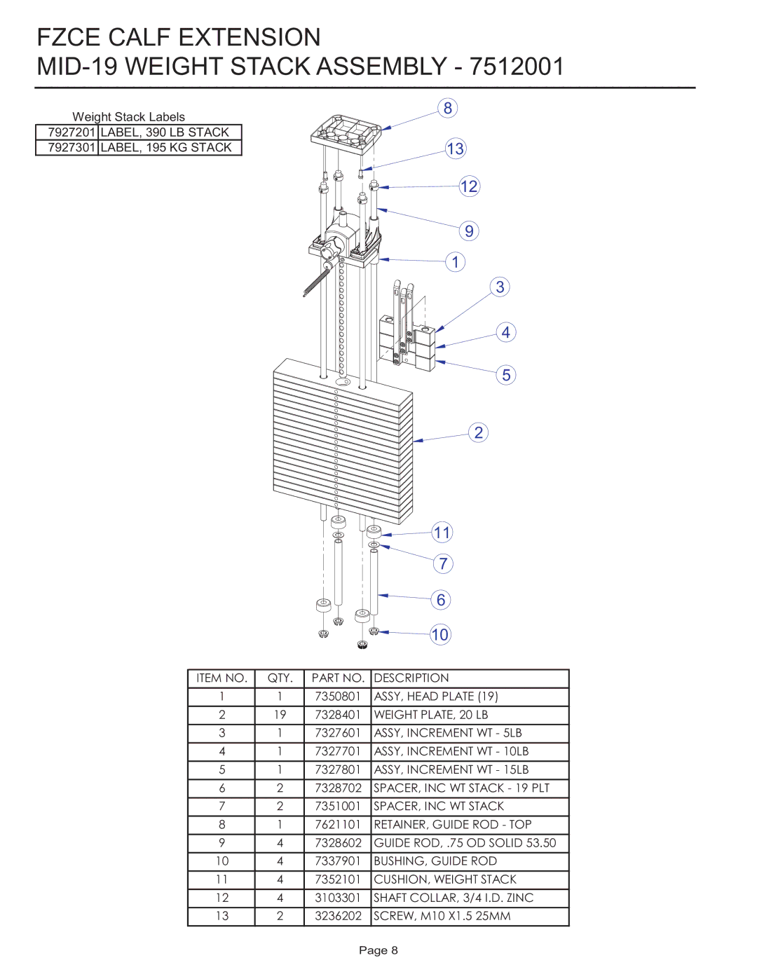 Life Fitness FZCE manual Fzce Calf Extension MID-19 Weight Stack Assembly 