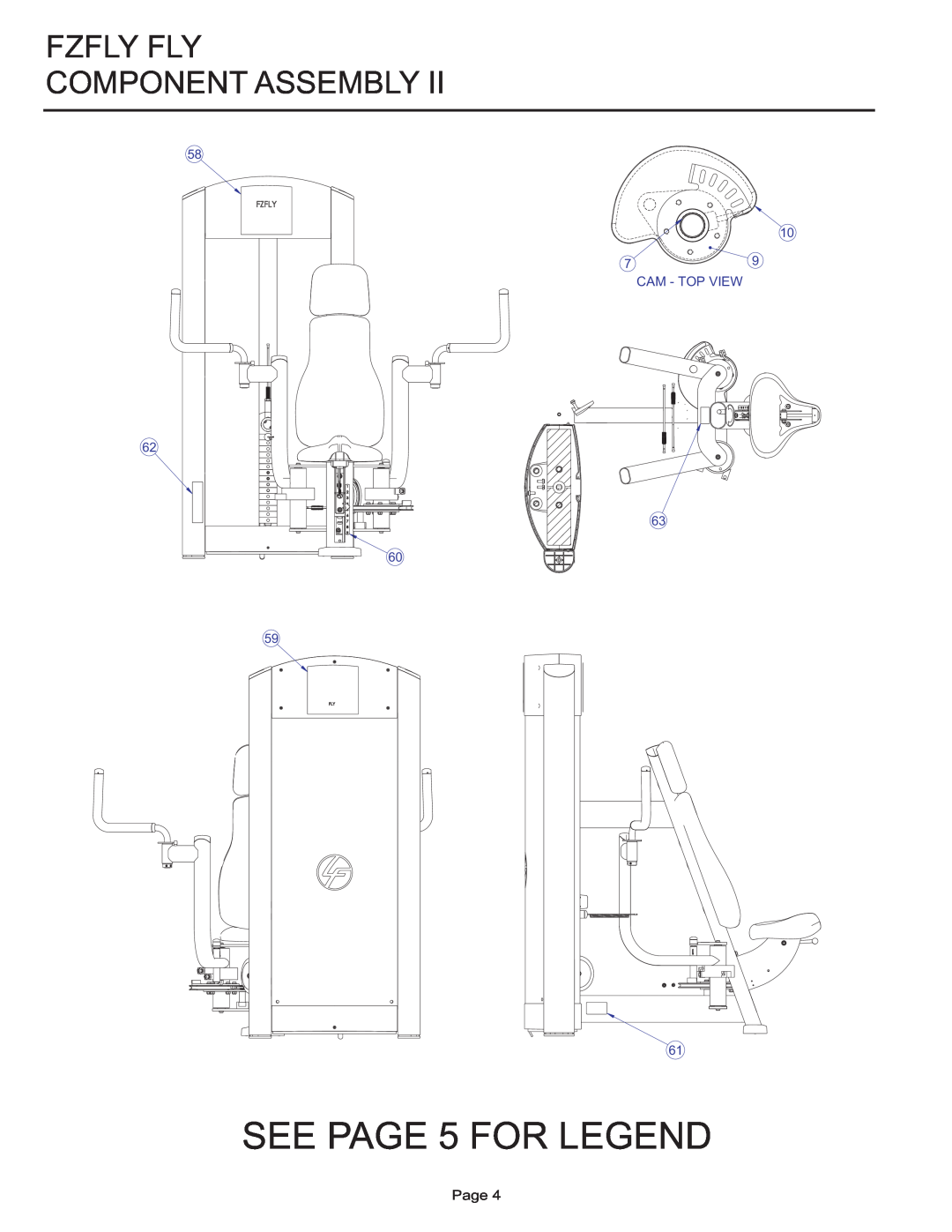 Life Fitness manual SEE PAGE 5 FOR LEGEND, Fzfly Fly Component Assembly, Page, Cam - Top View 