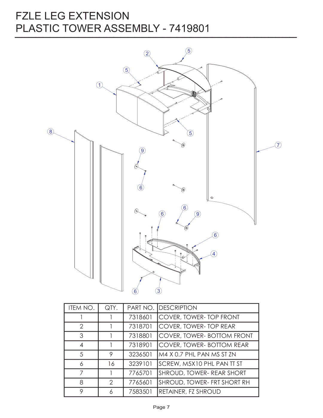 Life Fitness FZLE manual Fzle LEG Extension Plastic Tower Assembly 