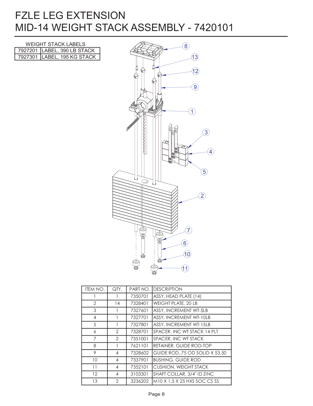 Life Fitness FZLE manual Fzle LEG Extension MID-14 Weight Stack Assembly, Weight Stack Labels 