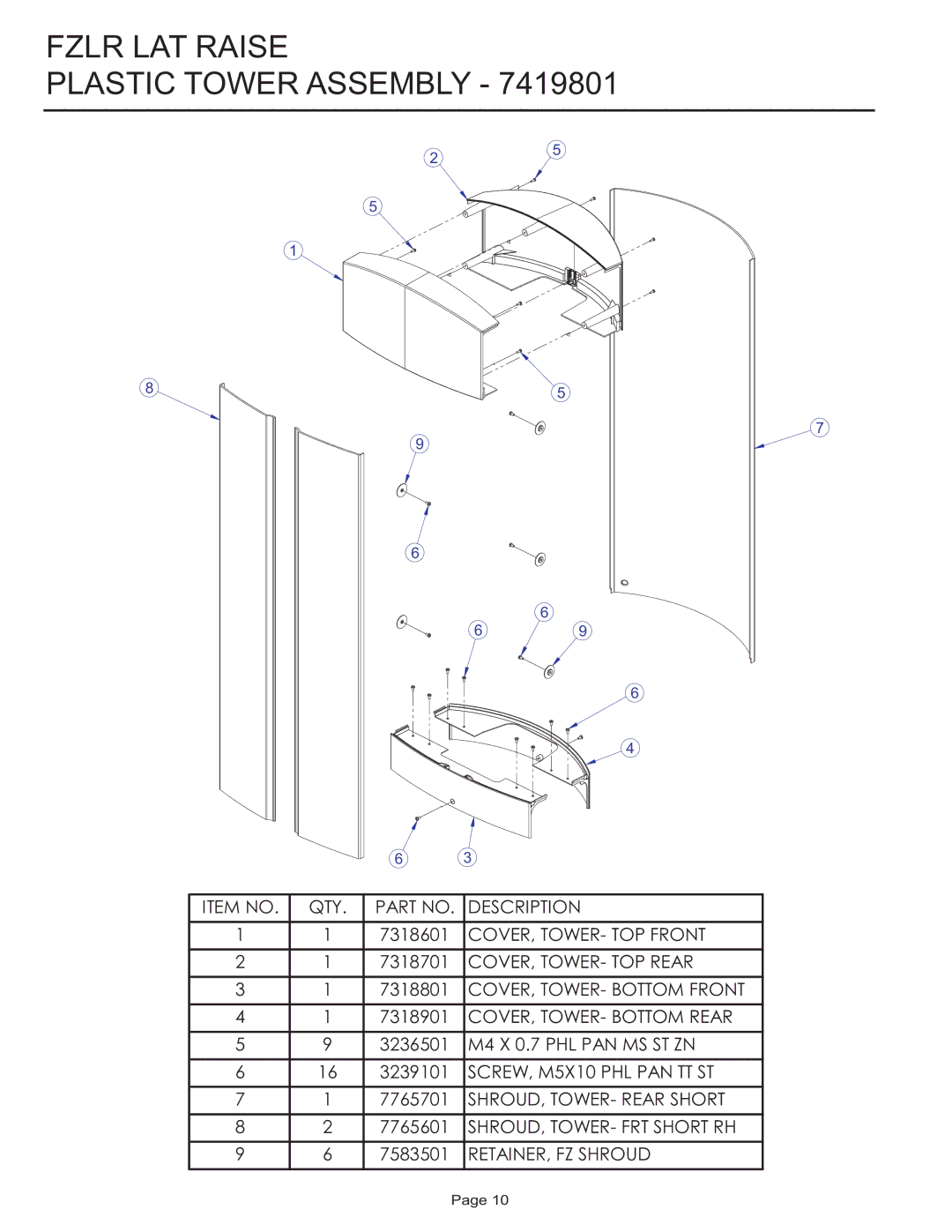 Life Fitness FZLR manual Fzlr LAT Raise Plastic Tower Assembly 