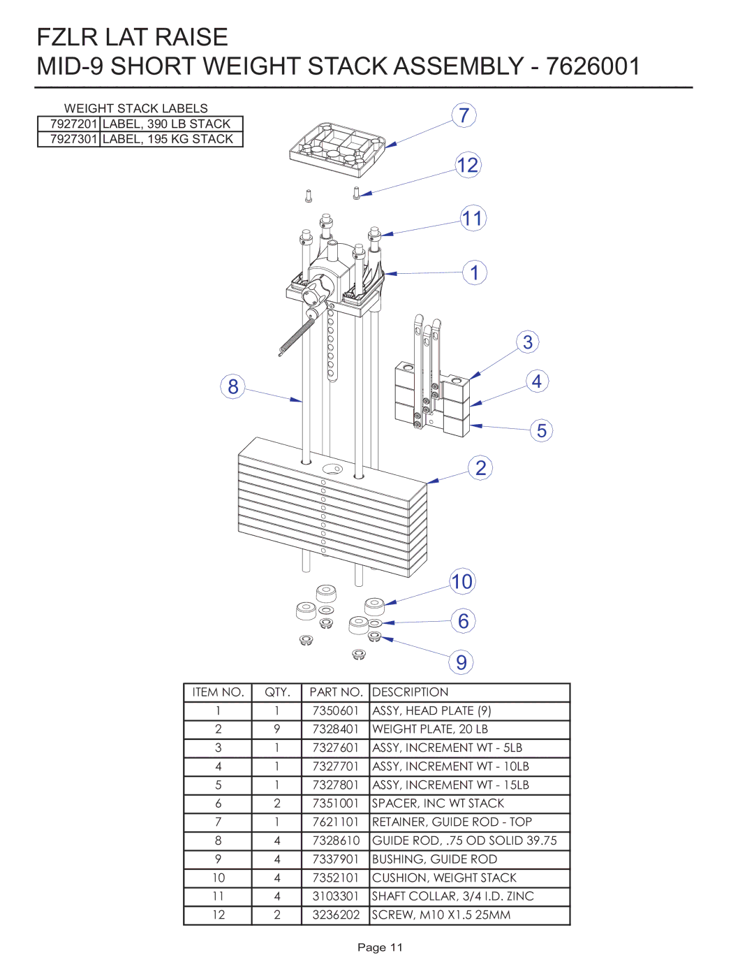 Life Fitness FZLR manual Fzlr LAT Raise MID-9 Short Weight Stack Assembly 