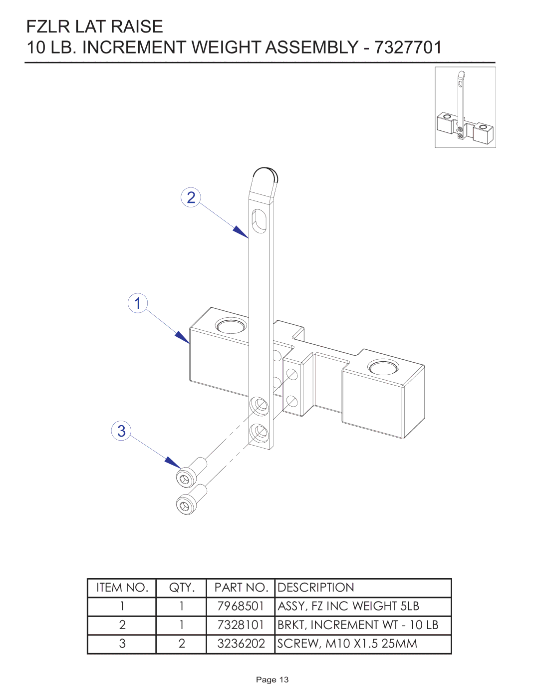 Life Fitness FZLR manual Fzlr LAT Raise 10 LB. Increment Weight Assembly 