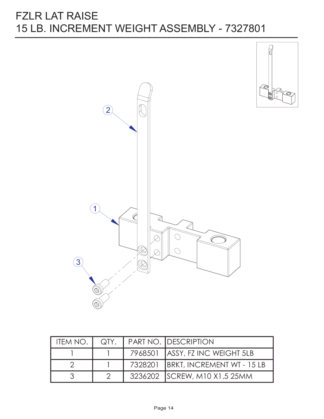 Life Fitness FZLR manual Fzlr LAT Raise 15 LB. Increment Weight Assembly 