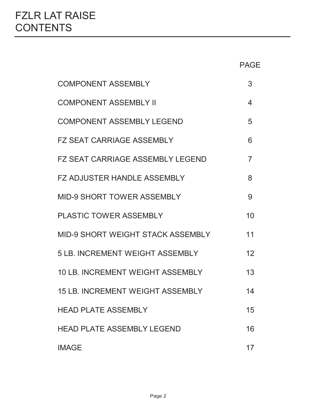 Life Fitness FZLR manual Fzlr LAT Raise Contents 