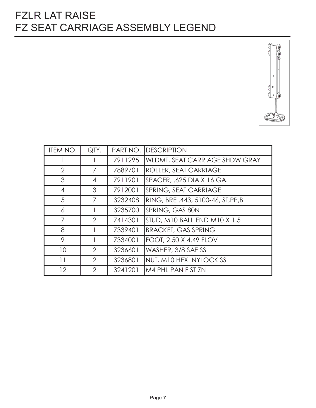 Life Fitness FZLR manual Fzlr LAT Raise FZ Seat Carriage Assembly Legend 