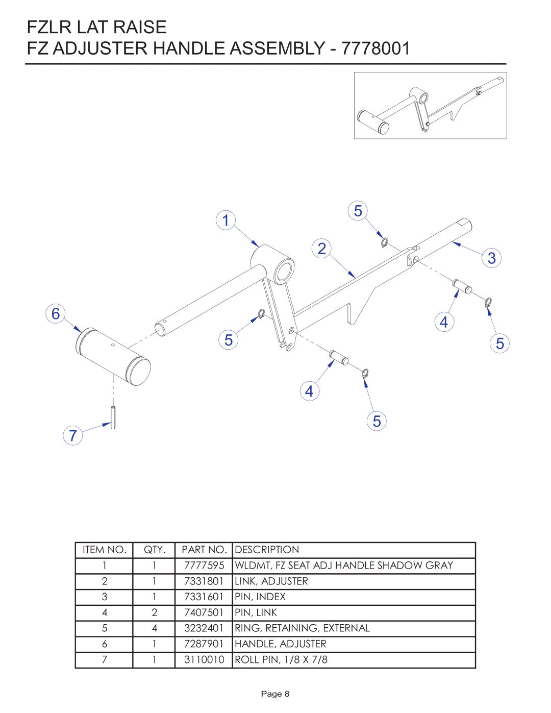 Life Fitness FZLR manual Fzlr LAT Raise FZ Adjuster Handle Assembly 