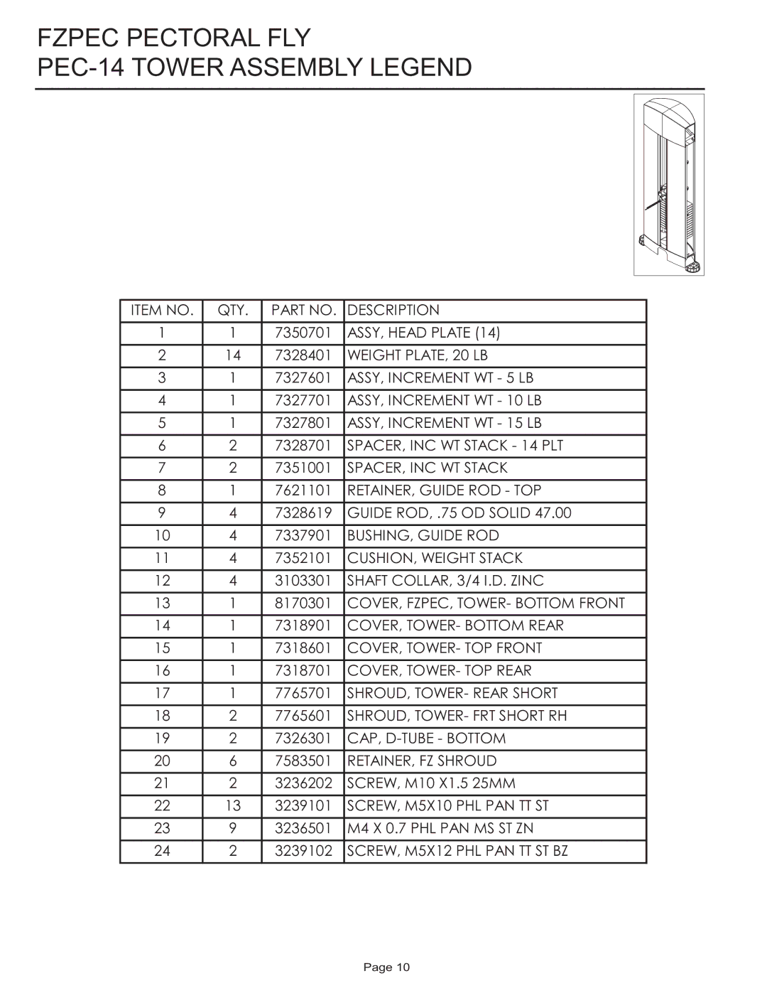 Life Fitness FZPEC manual Fzpec Pectoral FLY PEC-14 Tower Assembly Legend 