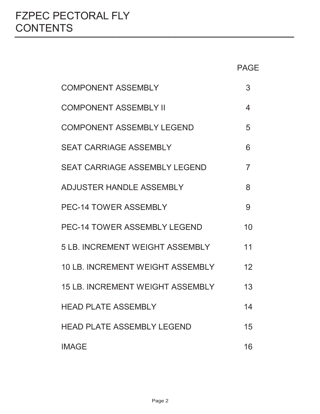 Life Fitness FZPEC manual Fzpec Pectoral FLY Contents 