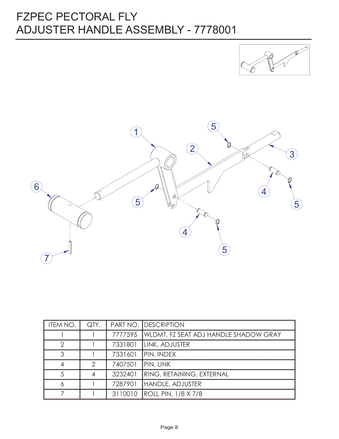 Life Fitness FZPEC manual Fzpec Pectoral FLY Adjuster Handle Assembly 