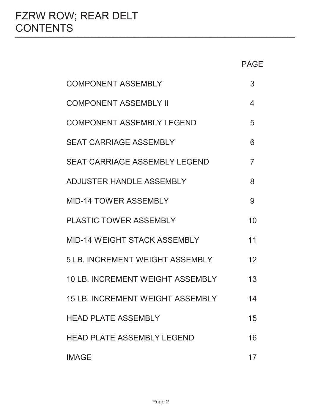 Life Fitness FZRW ROW manual Fzrw ROW Rear Delt Contents 