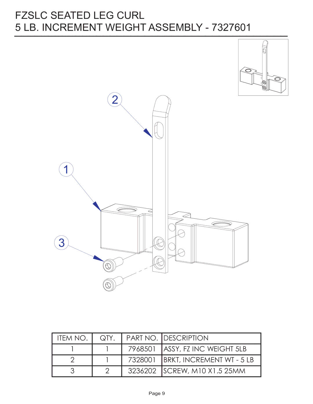 Life Fitness FZSLC manual Fzslc Seated LEG Curl LB. Increment Weight Assembly 