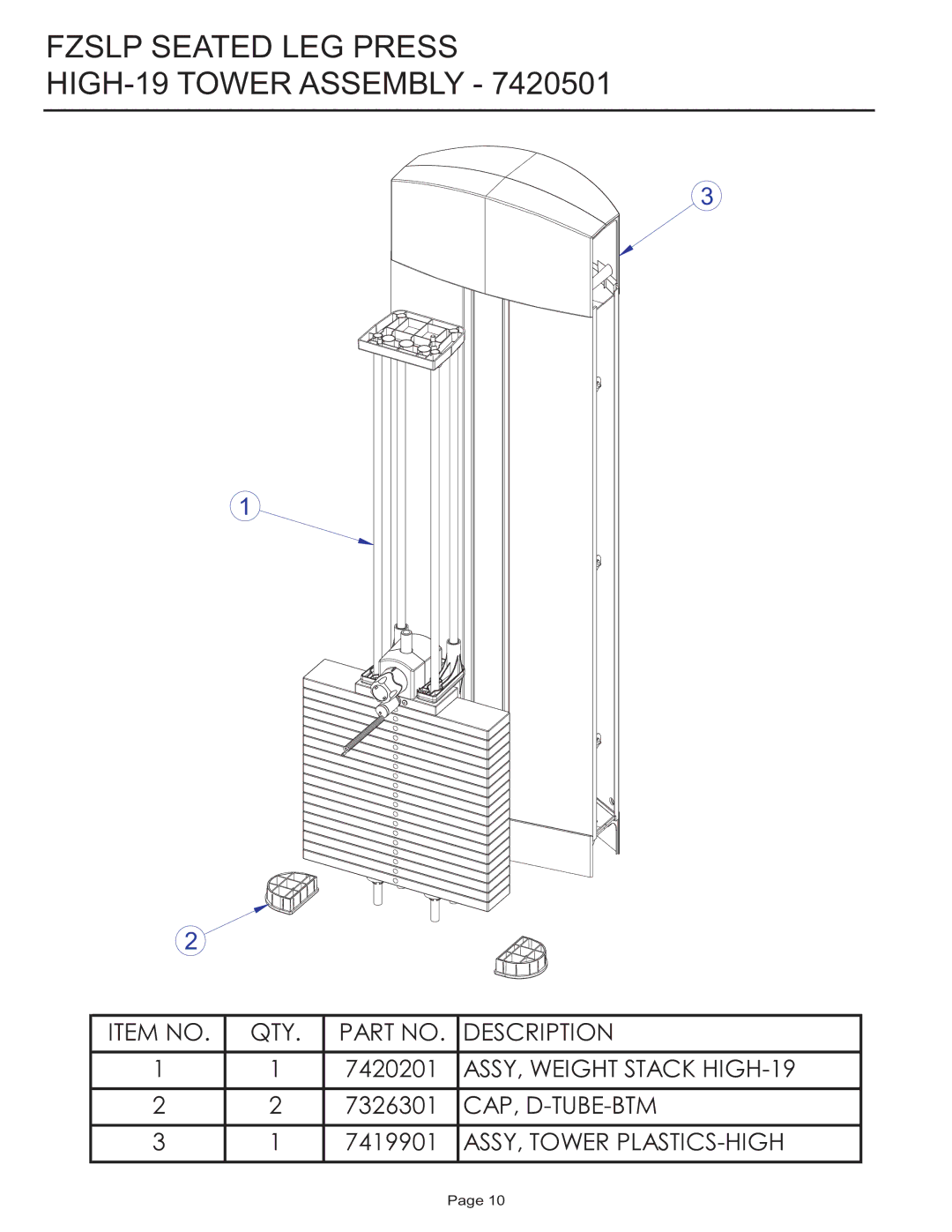 Life Fitness FZSLP manual Fzslp Seated LEG Press HIGH-19 Tower Assembly 