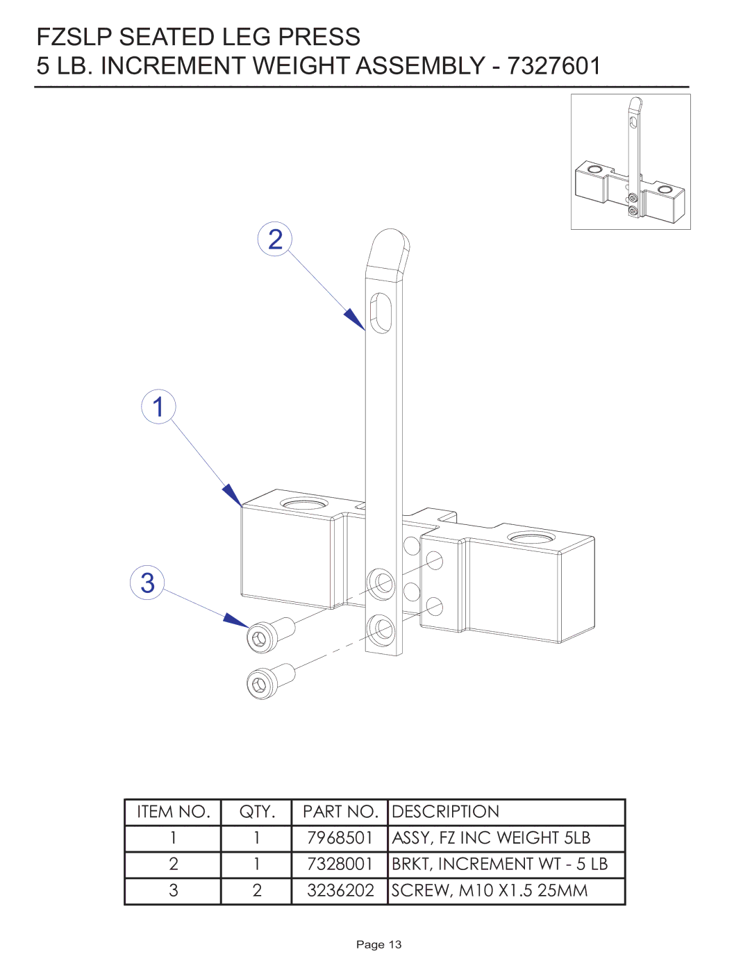 Life Fitness FZSLP manual Fzslp Seated LEG Press LB. Increment Weight Assembly 