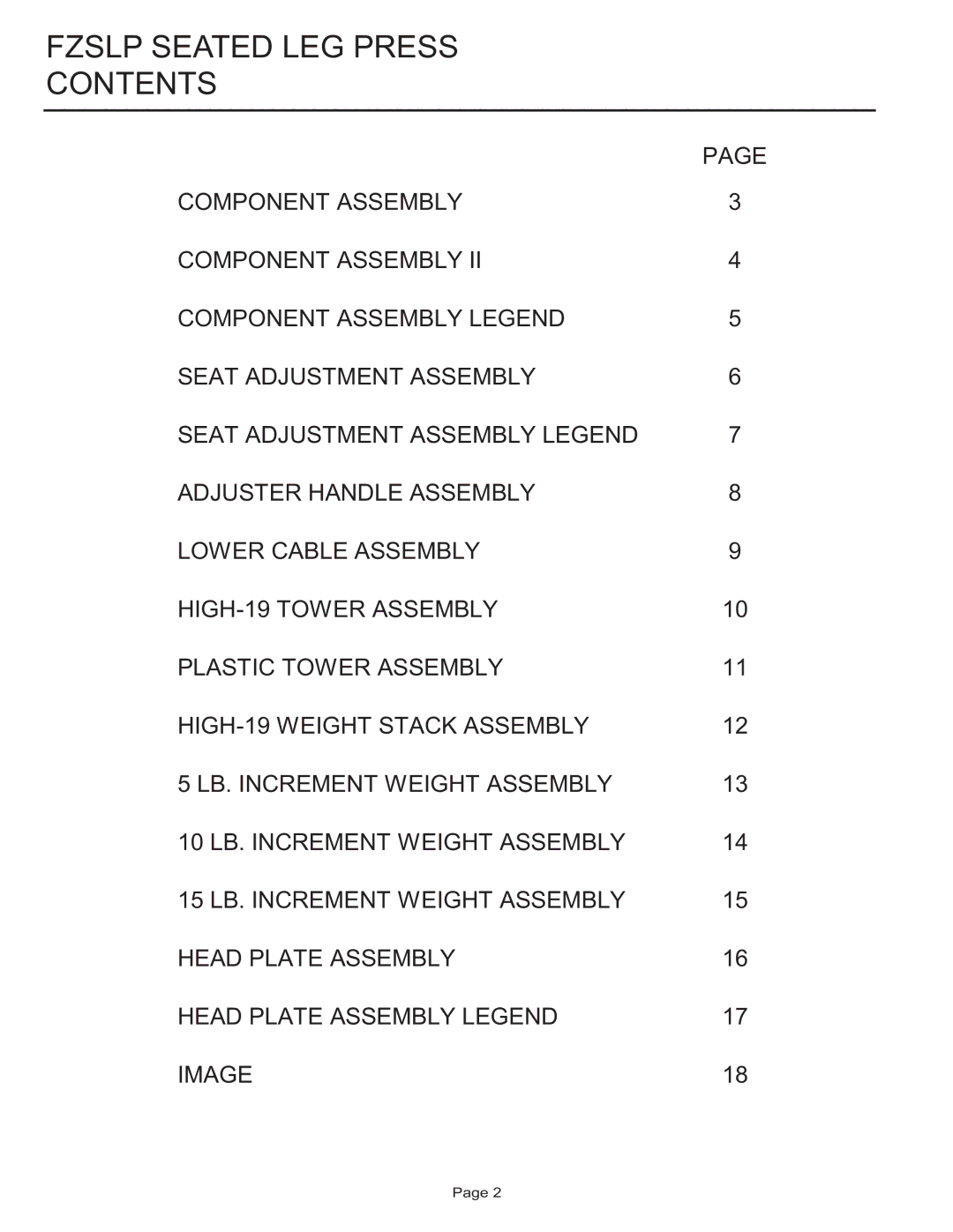 Life Fitness FZSLP manual Fzslp Seated LEG Press Contents 