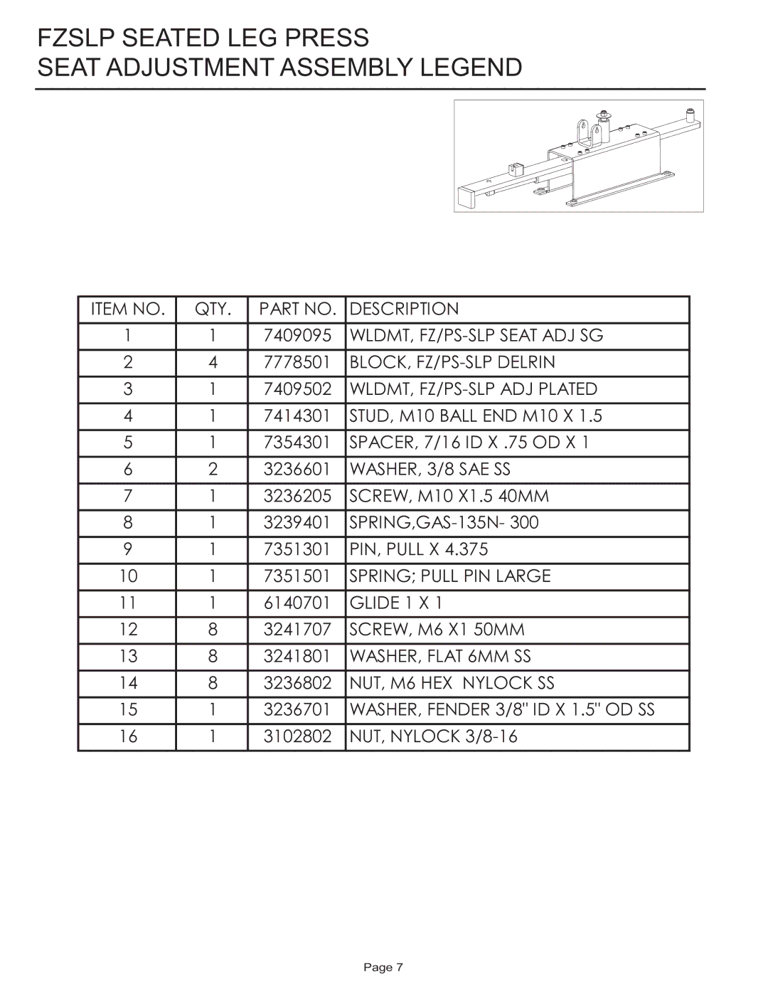 Life Fitness FZSLP manual Fzslp Seated LEG Press Seat Adjustment Assembly Legend 