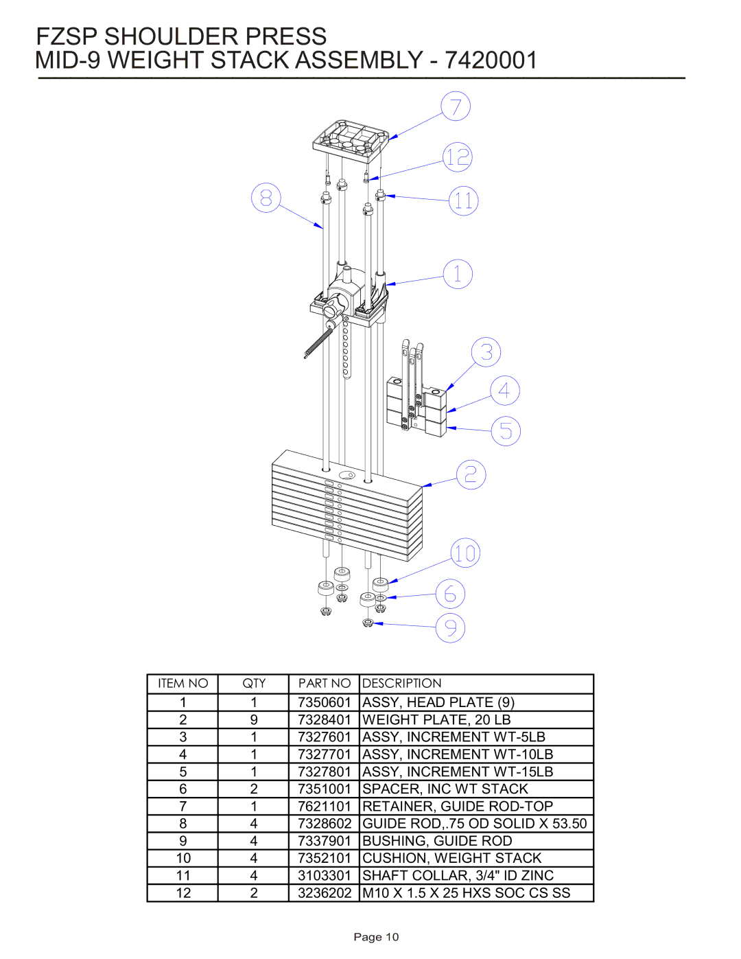 Life Fitness FZSP manual Fzsp Shoulder Press MID-9 Weight Stack Assembly 