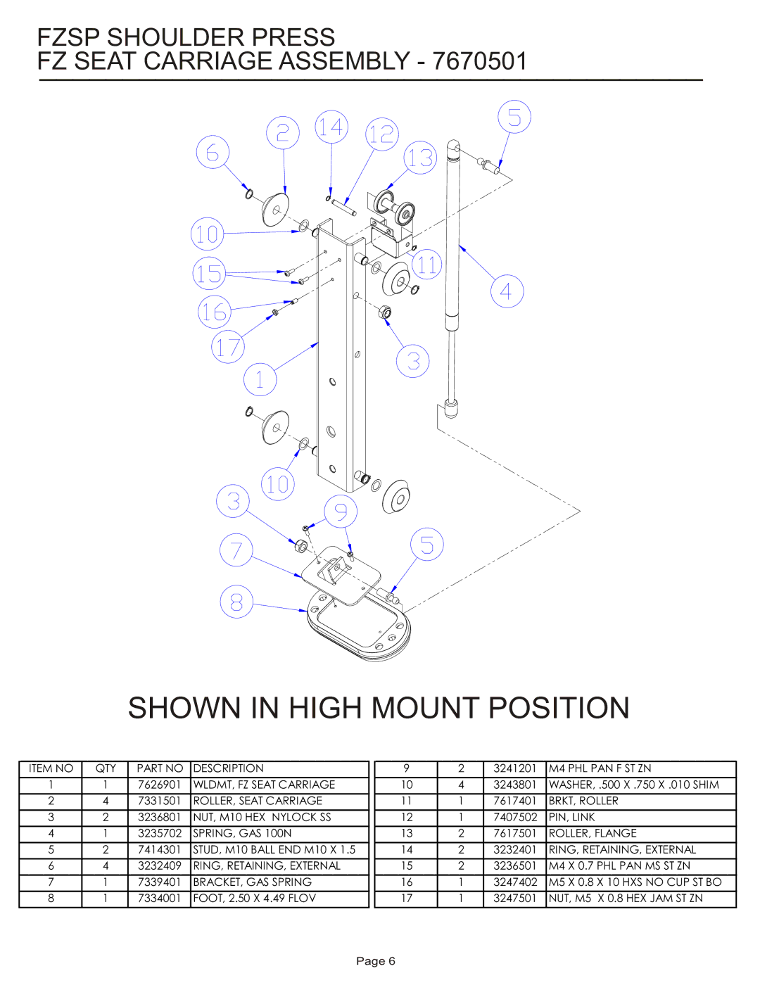 Life Fitness FZSP manual Shown in High Mount Position, Fzsp Shoulder Press FZ Seat Carriage Assembly 