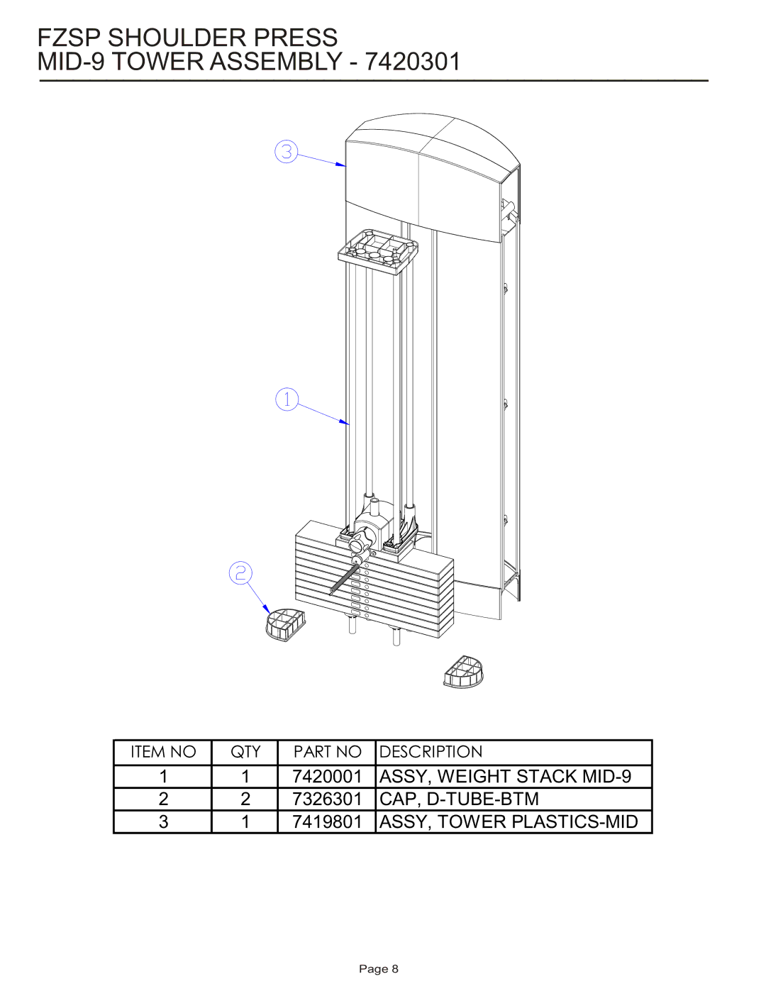 Life Fitness FZSP manual Fzsp Shoulder Press MID-9 Tower Assembly 