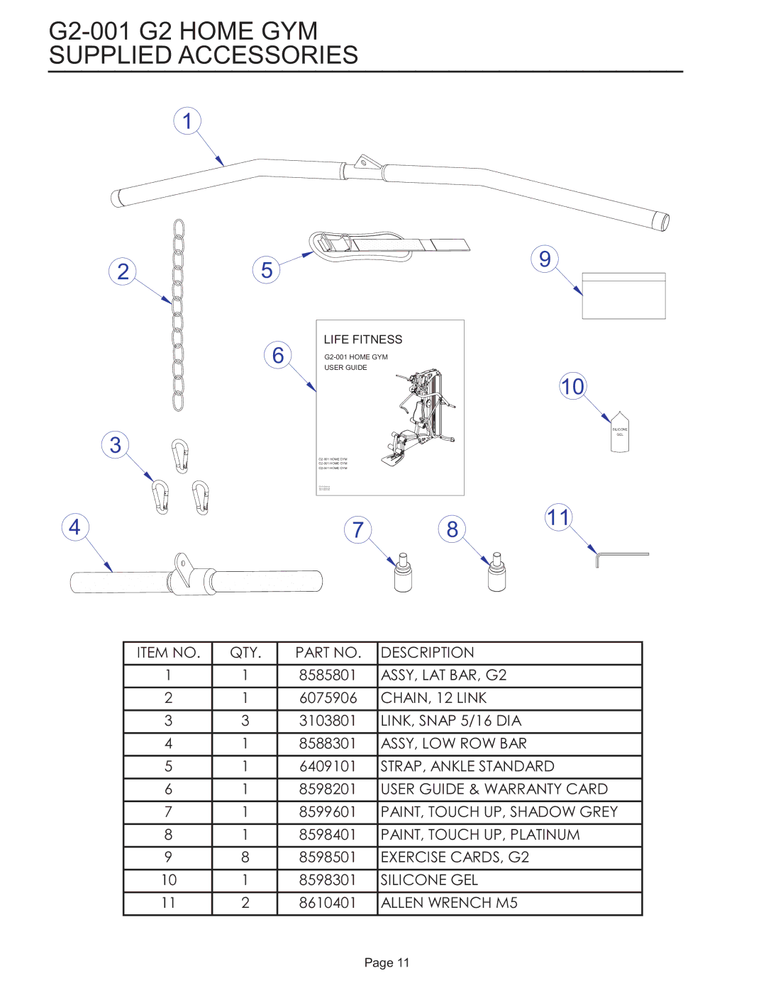 Life Fitness manual G2-001 G2 Home GYM Supplied Accessories 