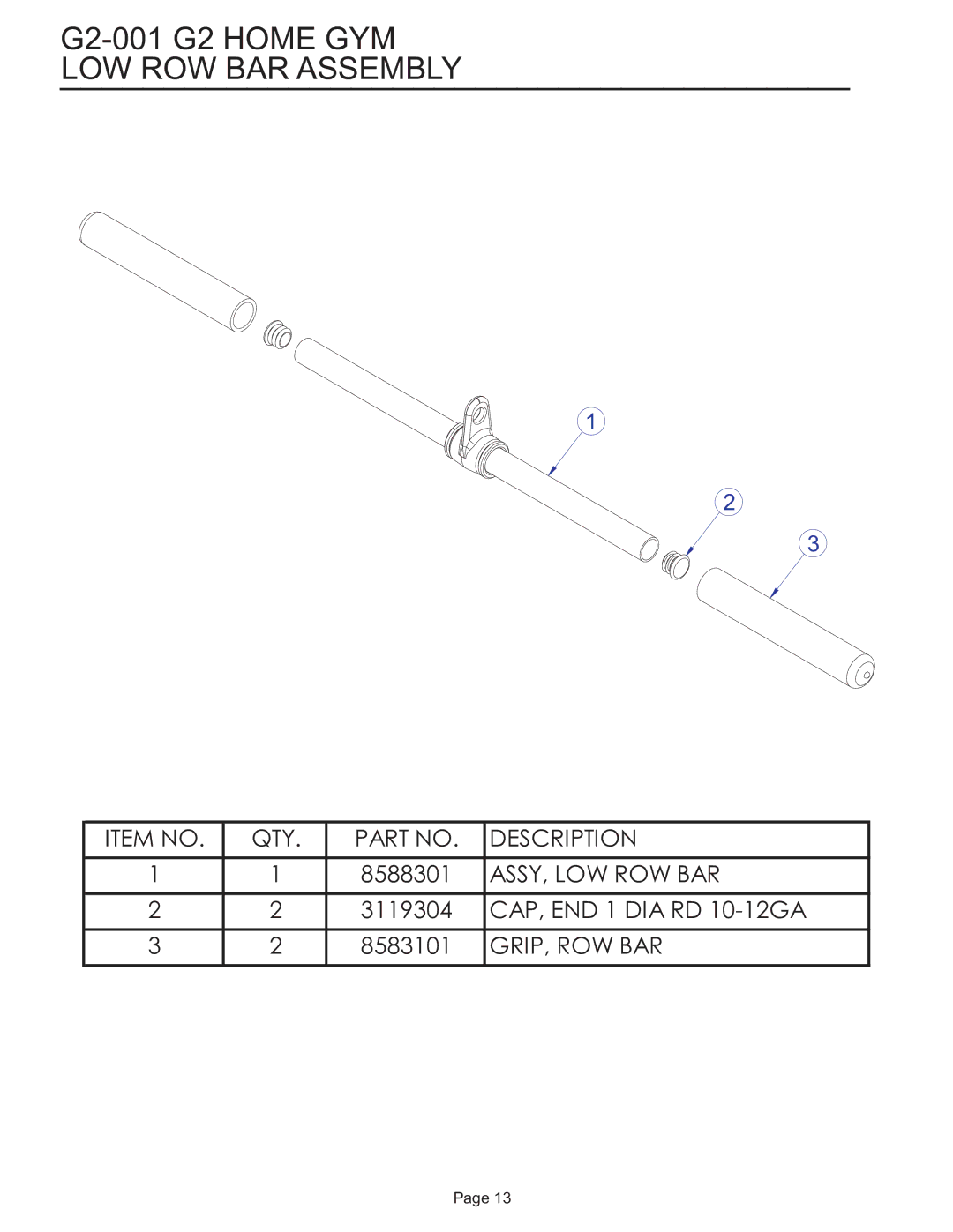 Life Fitness G2-001 manual LOW ROW BAR Assembly 