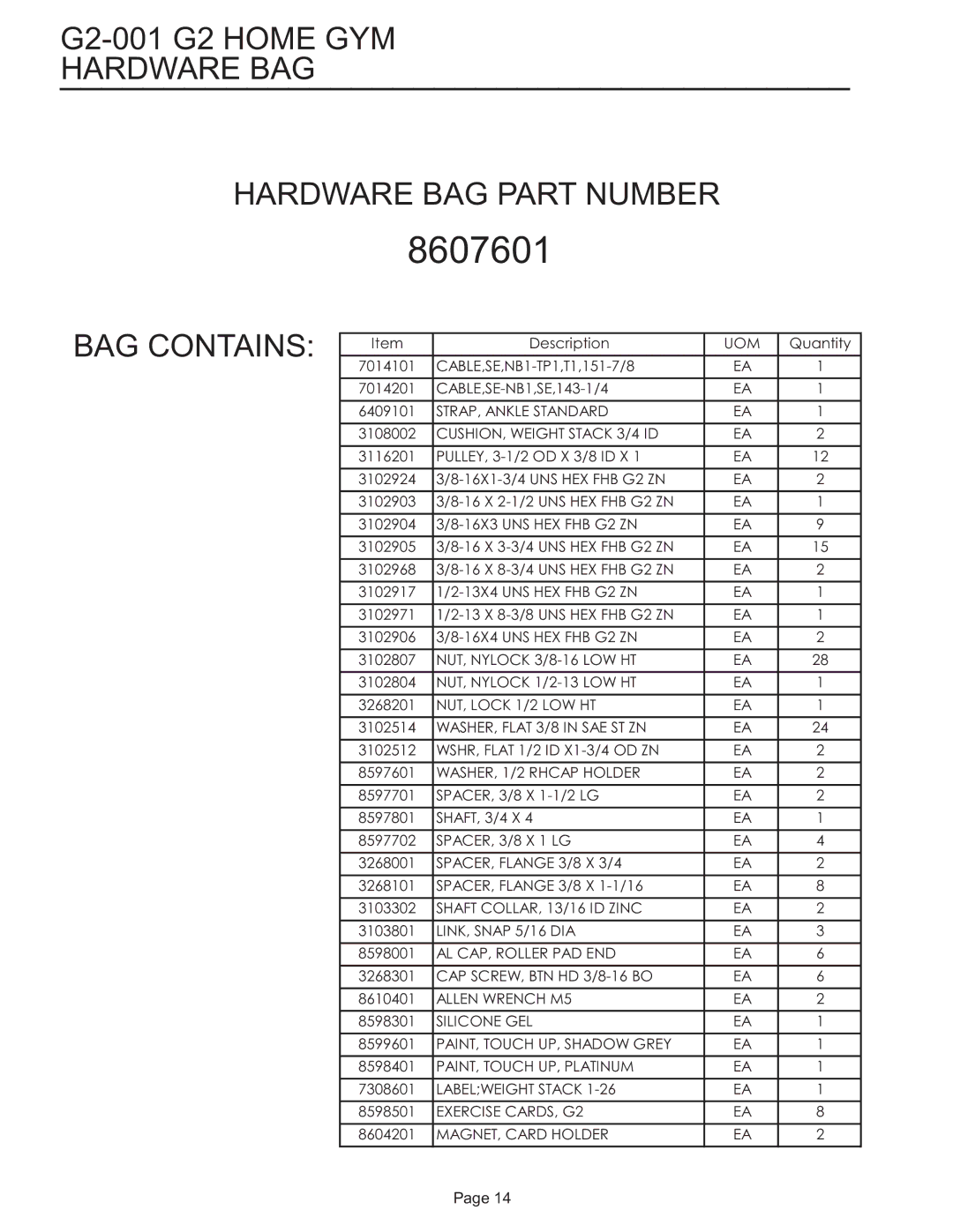 Life Fitness G2-001 manual Hardware BAG Hardware BAG Part Number, BAG Contains 