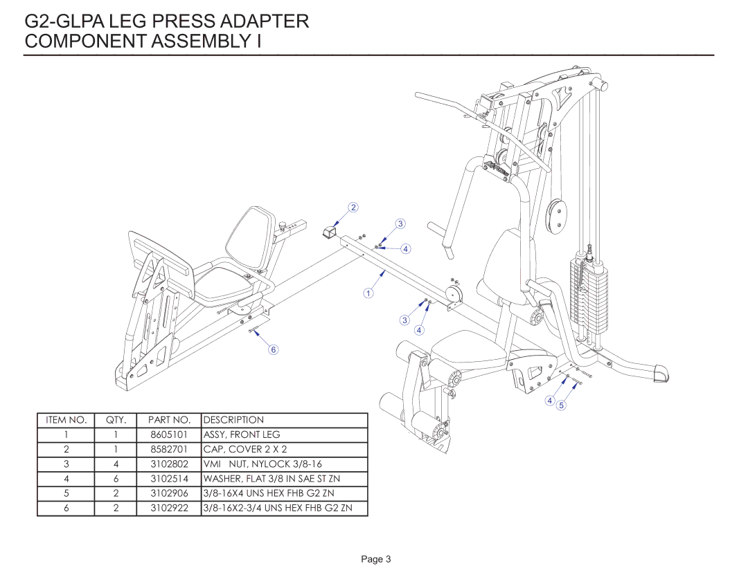 Life Fitness G2-GLPA-001 manual G2-GLPA LEG Press Adapter Component Assembly 