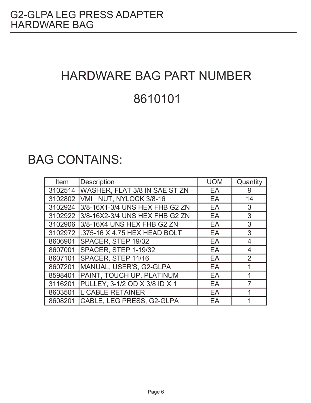 Life Fitness G2-GLPA-001 manual Hardware BAG Part Number 