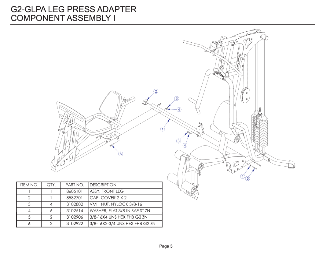 Life Fitness G2-GLPA-001 G2-GLPA LEG PRESS ADAPTER COMPONENT ASSEMBLY, 8605101, 8582701, 3102802, 3102514, 3102906, Page 