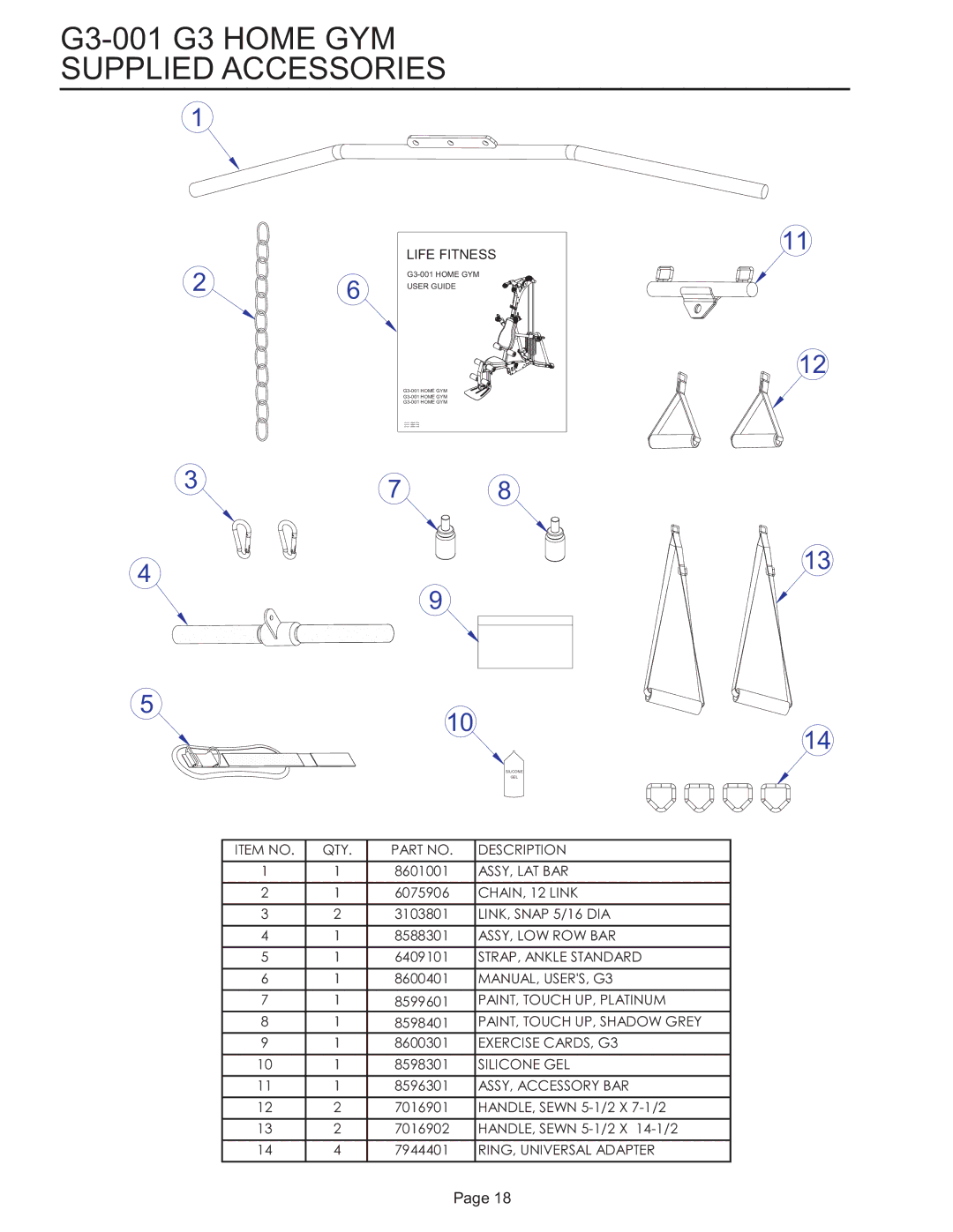 Life Fitness manual G3-001 G3 Home GYM Supplied Accessories 