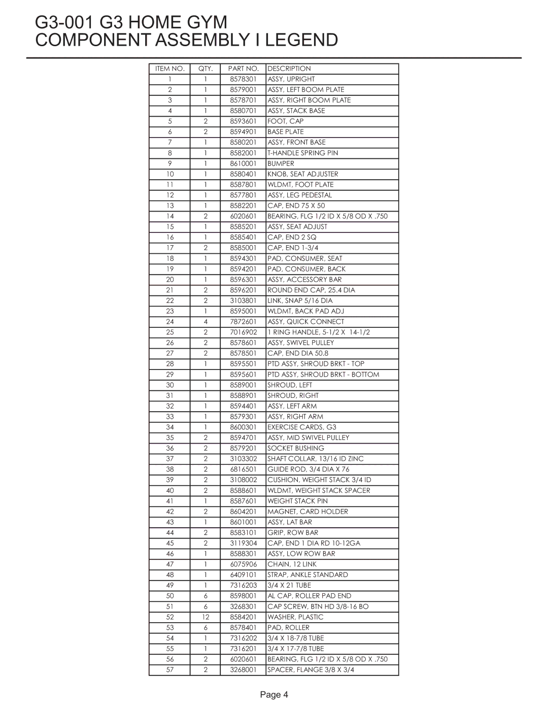 Life Fitness G3-001 manual Component Assembly I Legend 