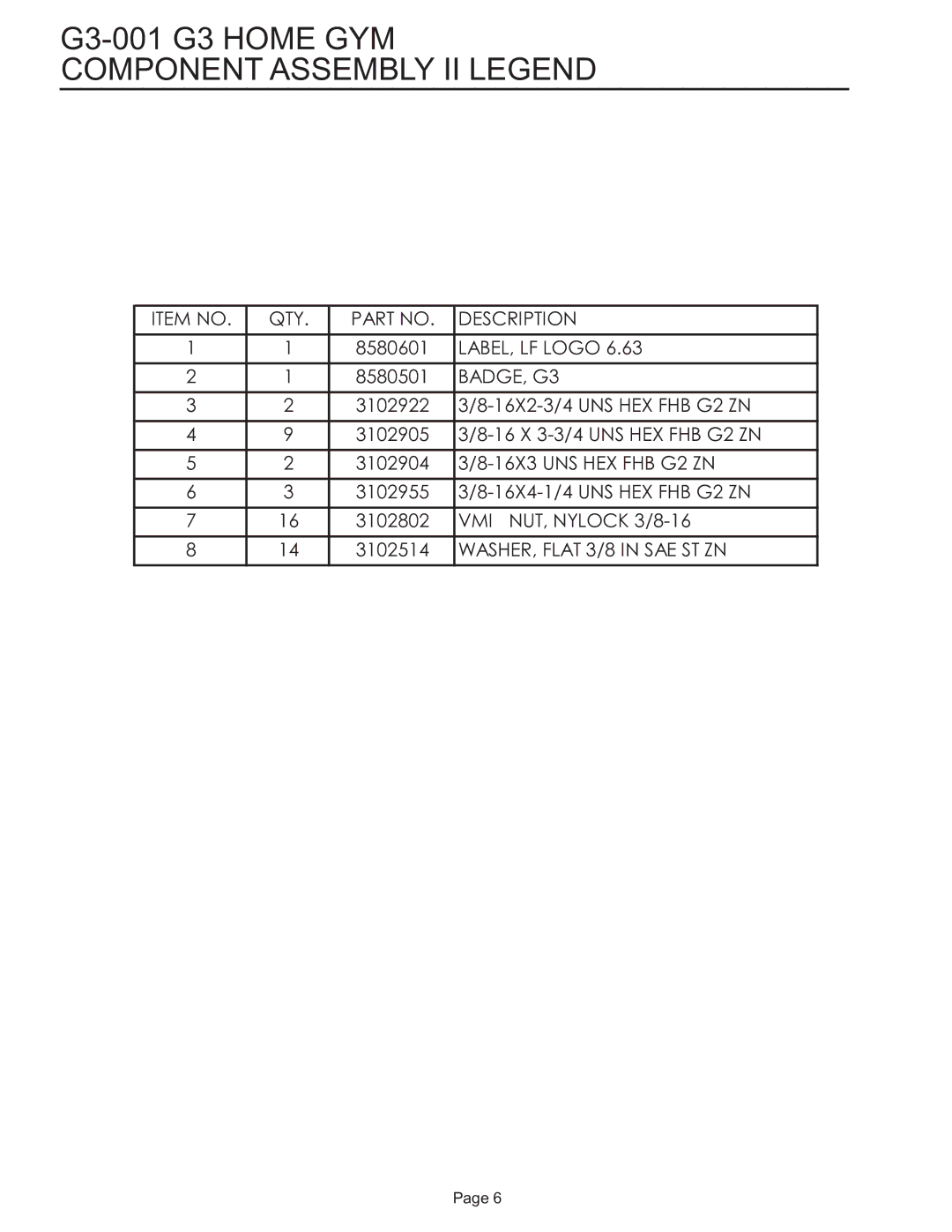 Life Fitness G3-001 manual Component Assembly II Legend, BADGE, G3 