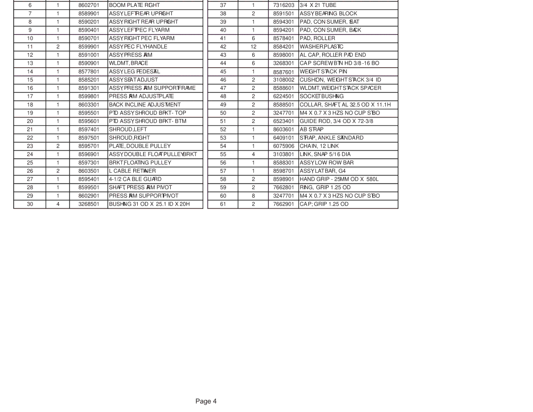 Life Fitness G4-001 manual Component Assembly I Legend 