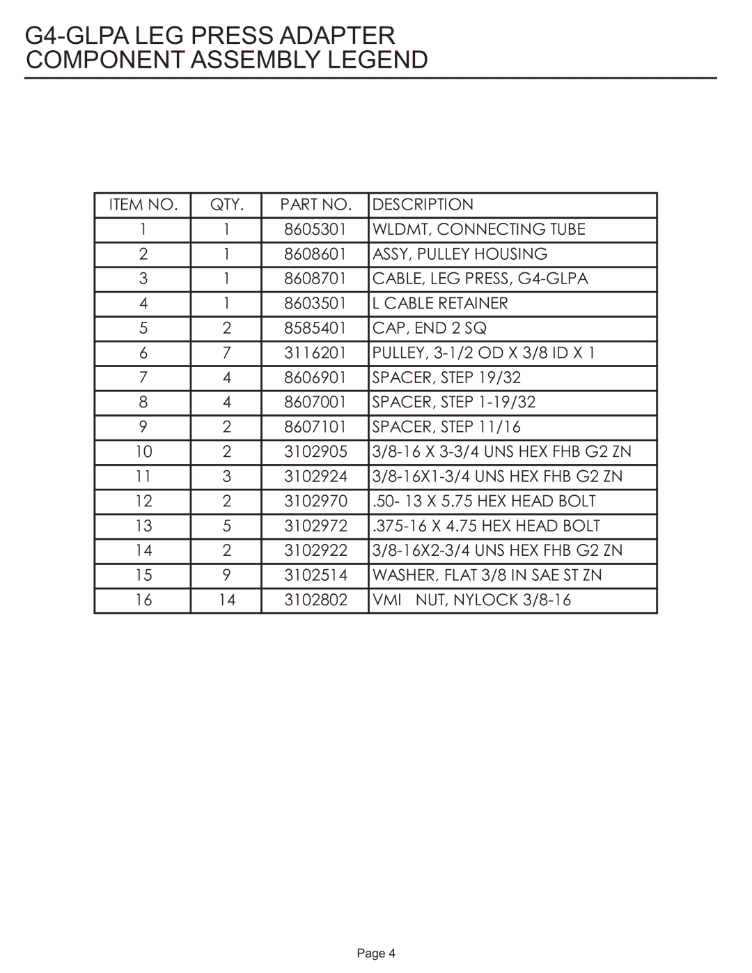 Life Fitness G4-GLPA-001 manual G4-GLPA LEG Press Adapter Component Assembly Legend, SPACER, /16 