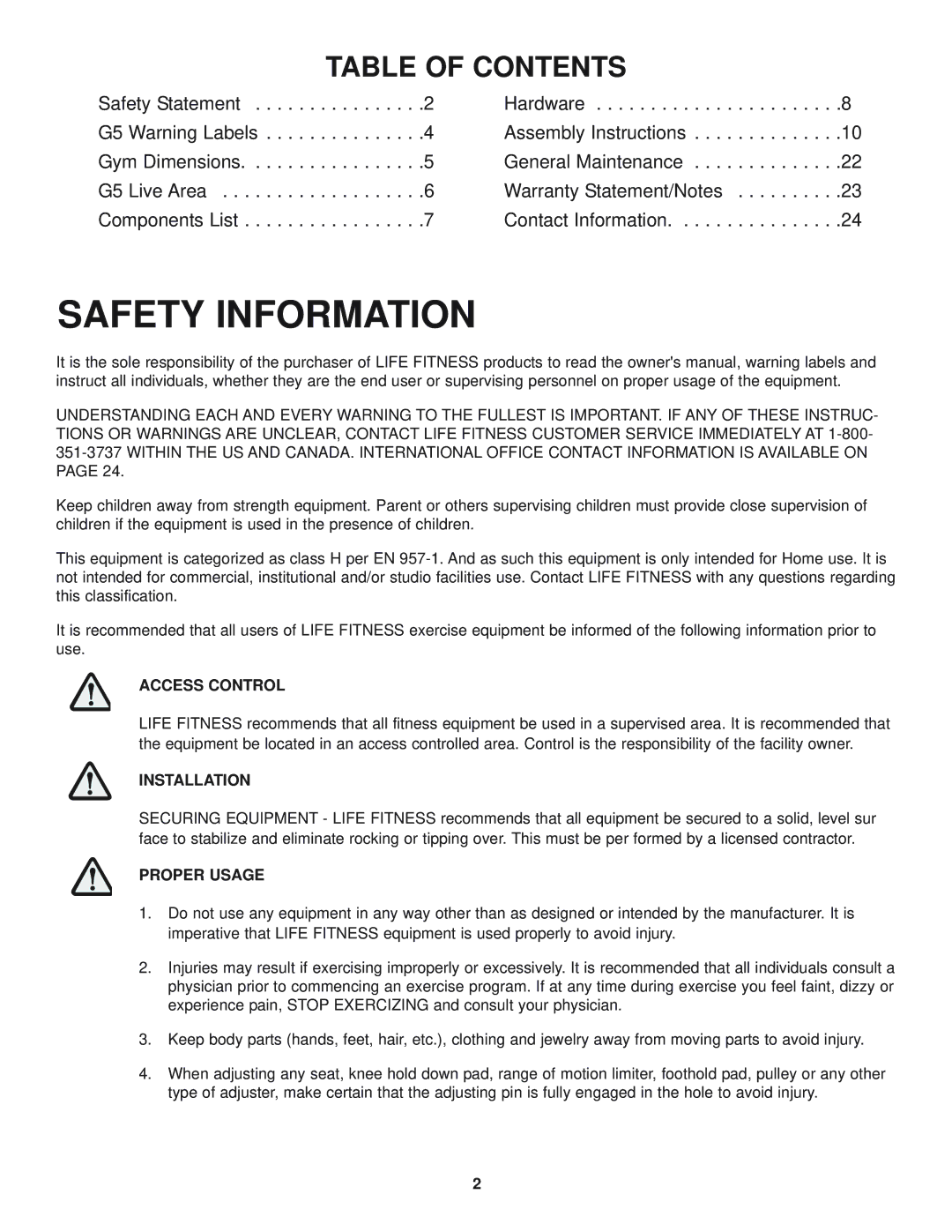 Life Fitness 39721, G5-001, 8289201 REV. B manual Safety Information 