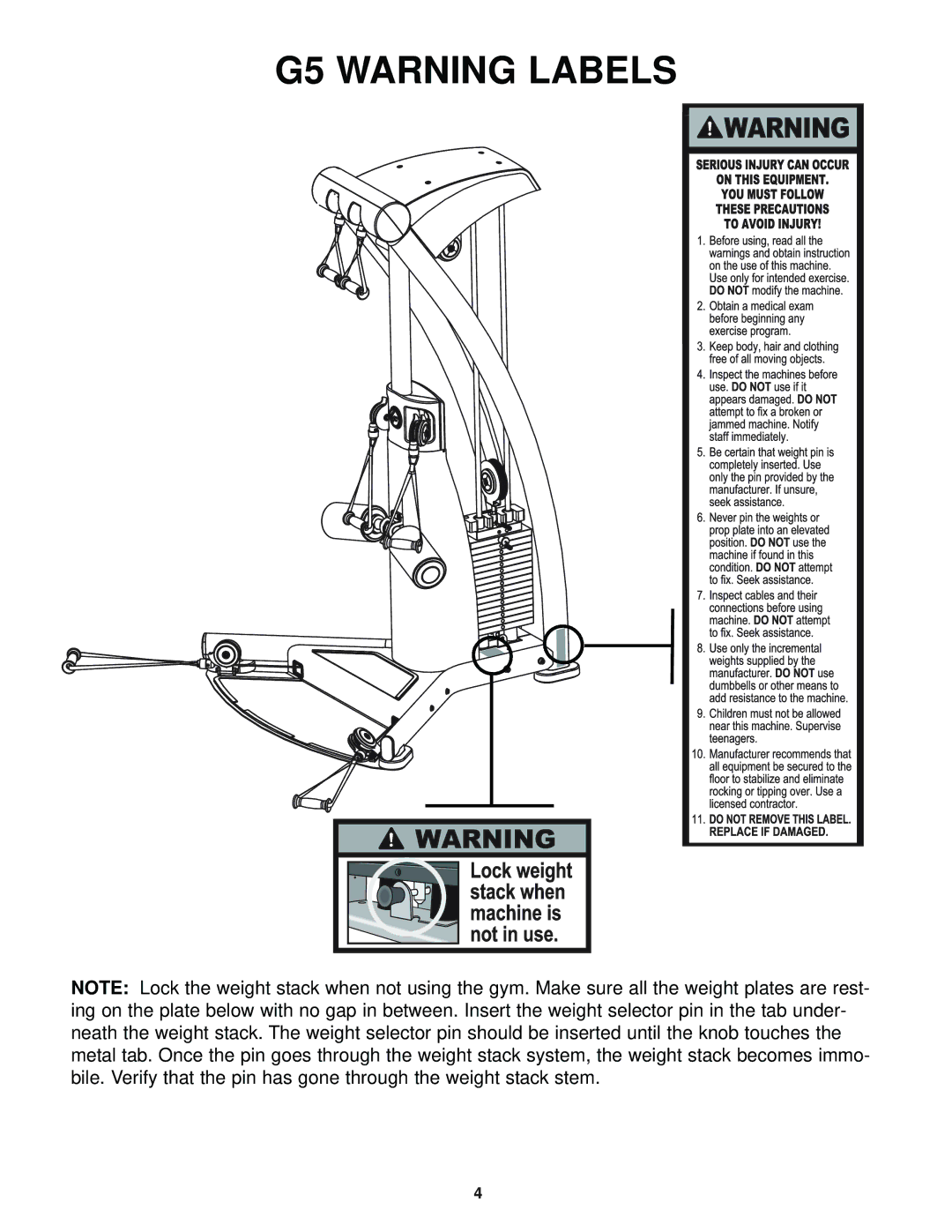 Life Fitness 8289201 REV. B, G5-001, 39721 manual G5 Warning Labels 