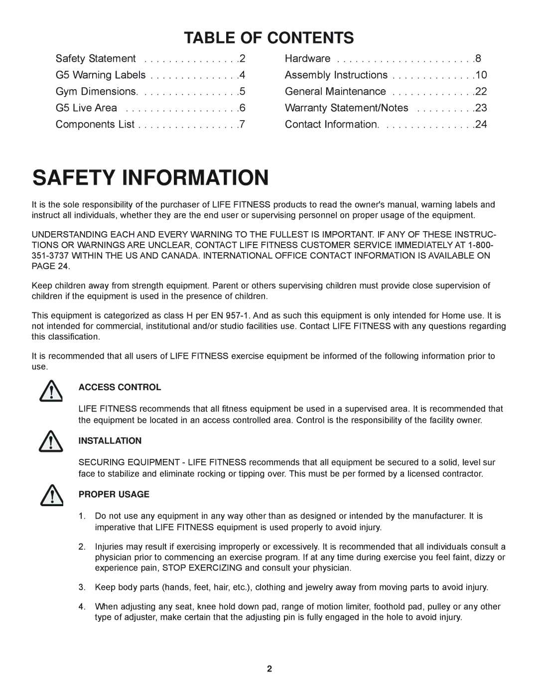 Life Fitness G5-001 manual Safety Information 