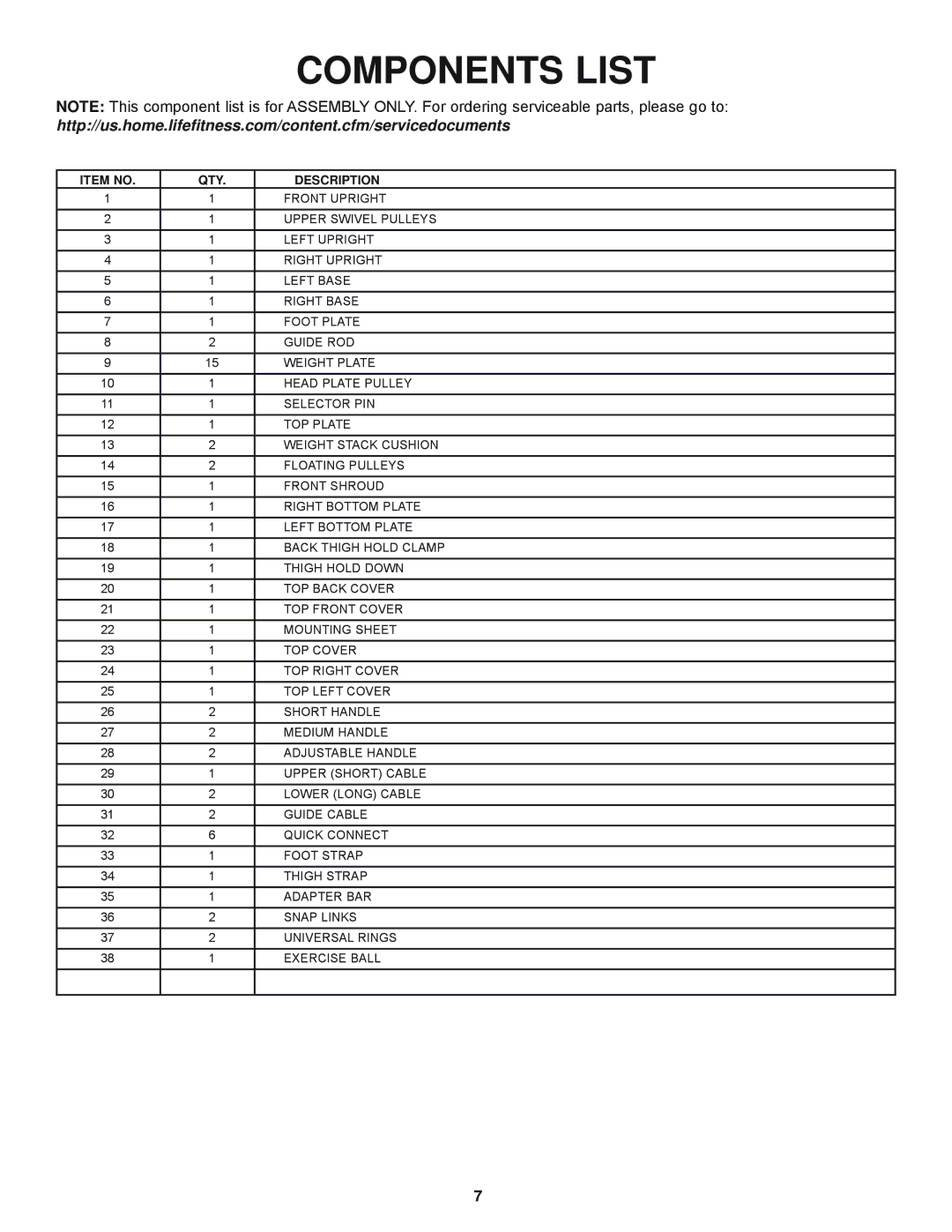 Life Fitness G5-001 manual Components List 