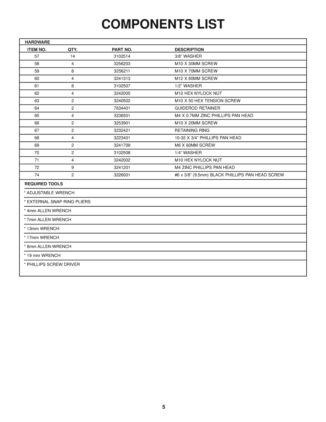 Life Fitness G5 CABLE MOTION manual Hardware Item no QTY Description 