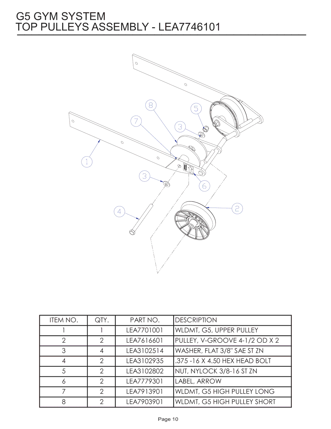 Life Fitness G5 GYM SYSTEM manual G5 GYM System TOP Pulleys Assembly LEA7746101 