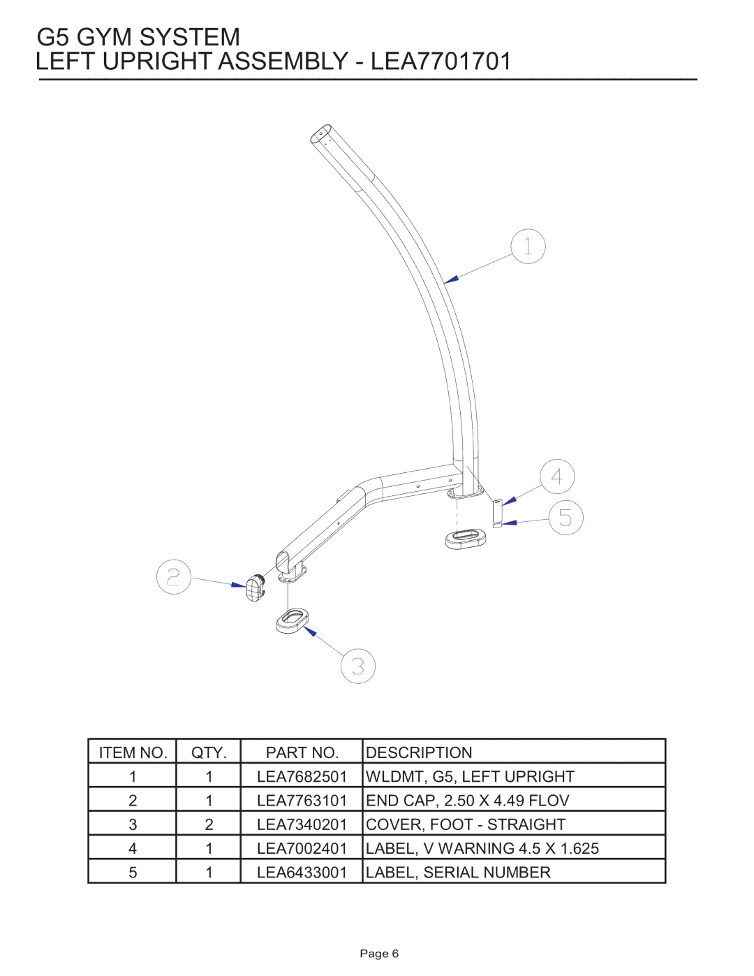 Life Fitness G5 GYM SYSTEM manual G5 GYM System Left Upright Assembly LEA7701701 