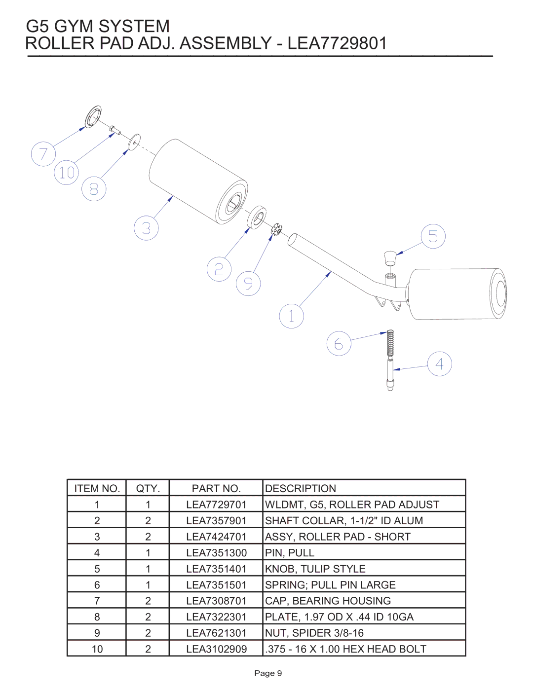 Life Fitness G5 GYM SYSTEM manual G5 GYM System Roller PAD ADJ. Assembly LEA7729801, CAP, Bearing Housing 