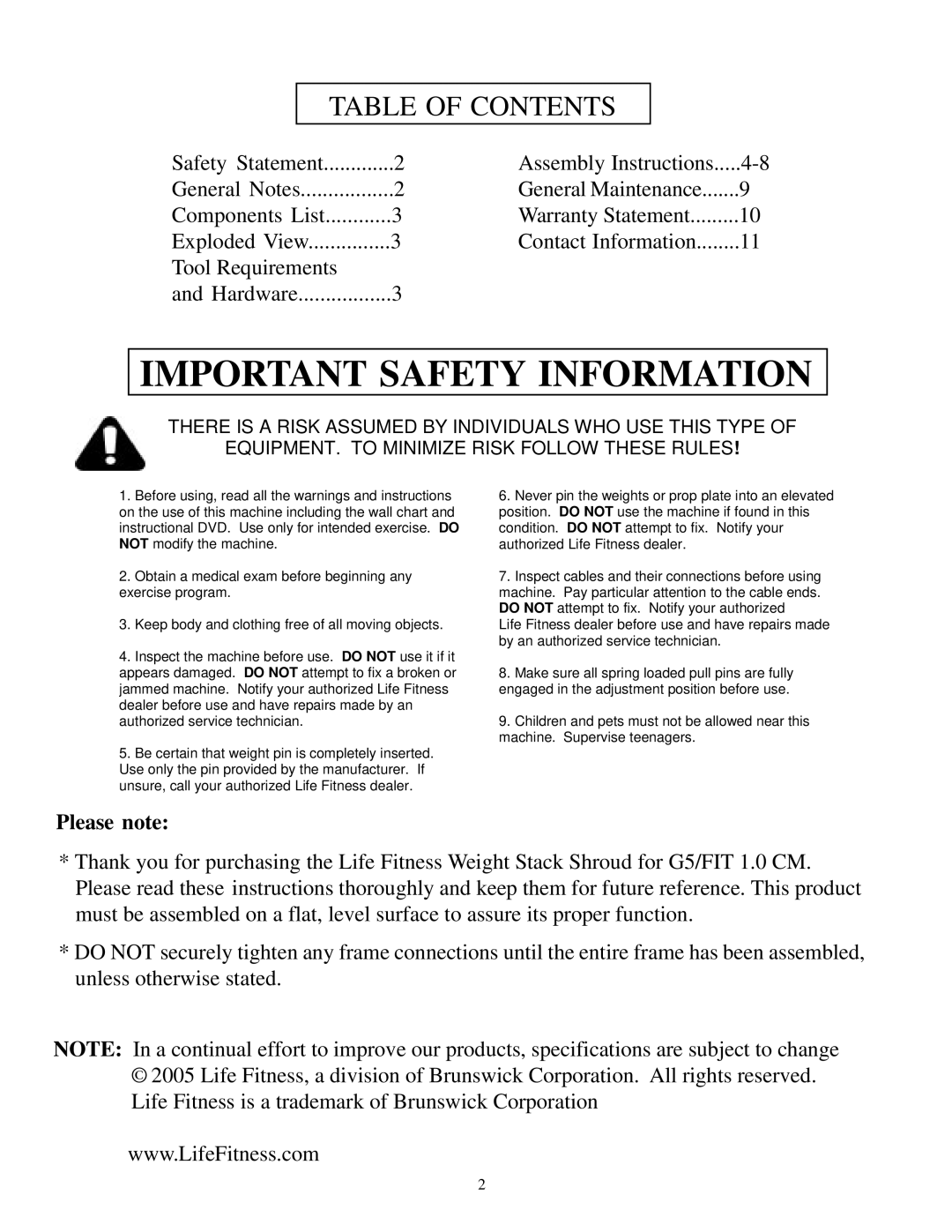 Life Fitness G5/FIT 1.0 CM manual Important Safety Information 