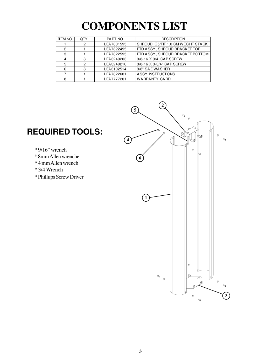 Life Fitness G5/FIT 1.0 CM manual Components List 