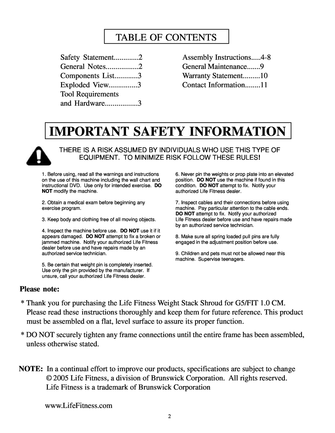 Life Fitness G5/FIT 1.0 CM manual Important Safety Information, Please note, Table Of Contents 