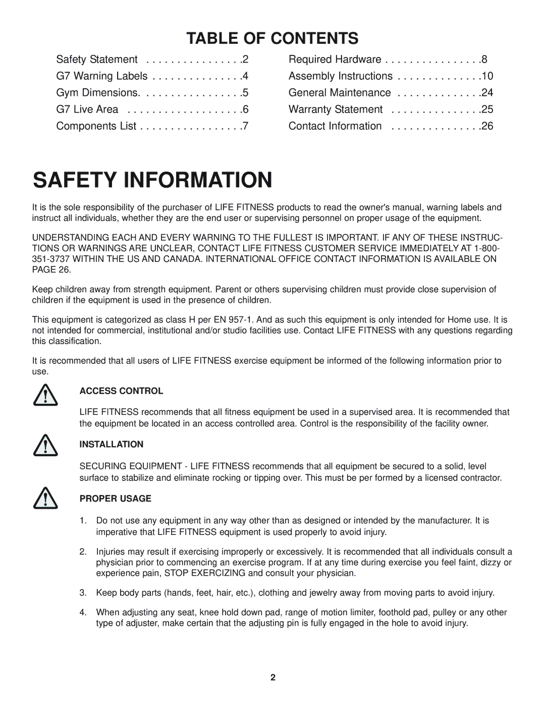 Life Fitness CLASS H, G7-002, 8352100 REV. B, 39735 manual Safety Information 