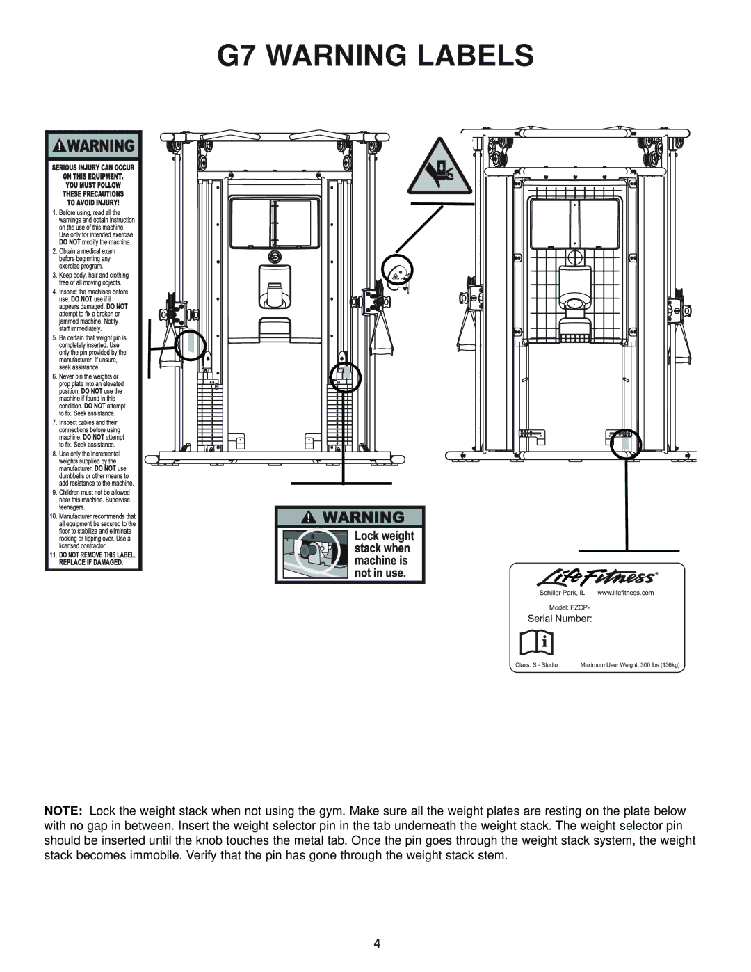 Life Fitness G7-002, 8352100 REV. B, CLASS H, 39735 manual G7 Warning Labels 