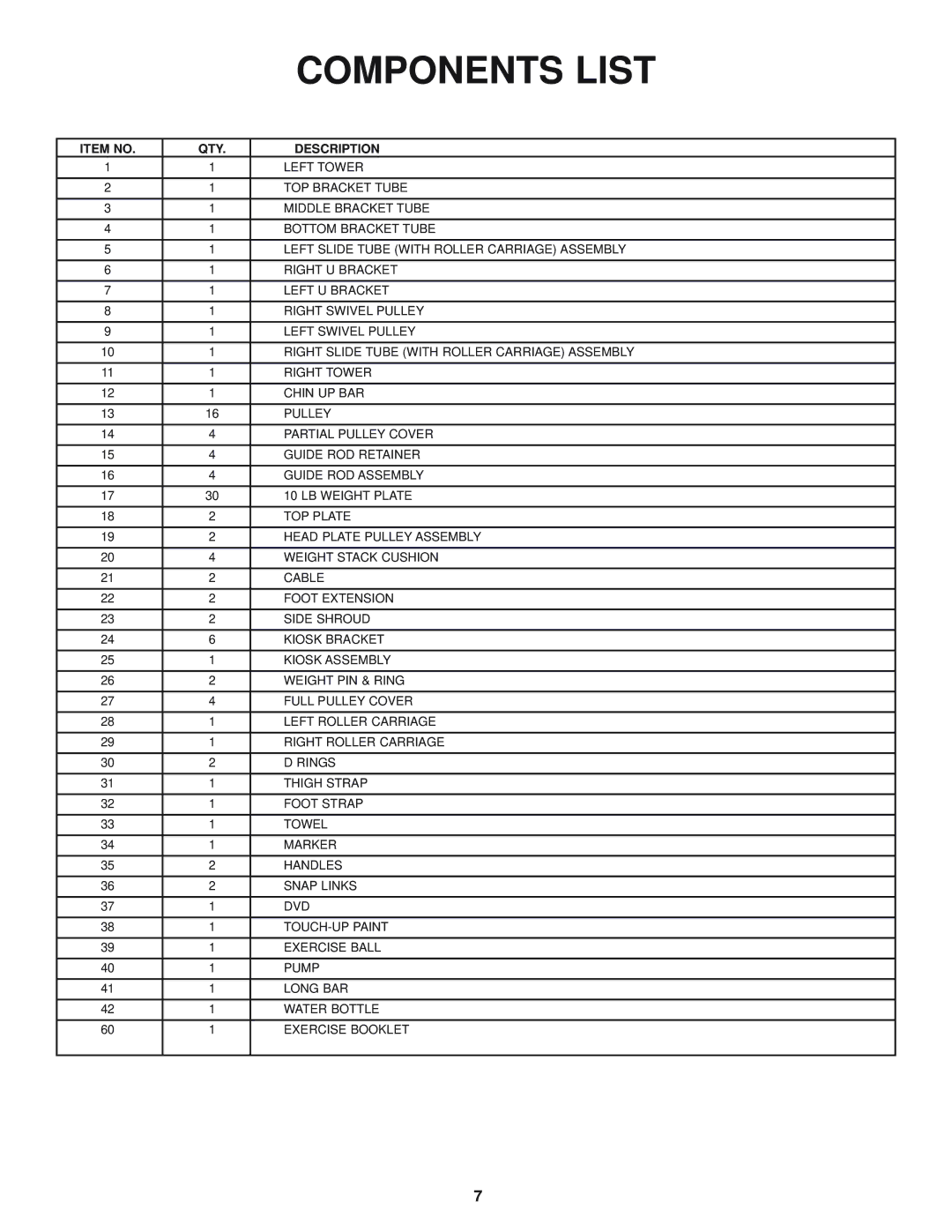 Life Fitness 39735, G7-002, 8352100 REV. B, CLASS H manual Components List 