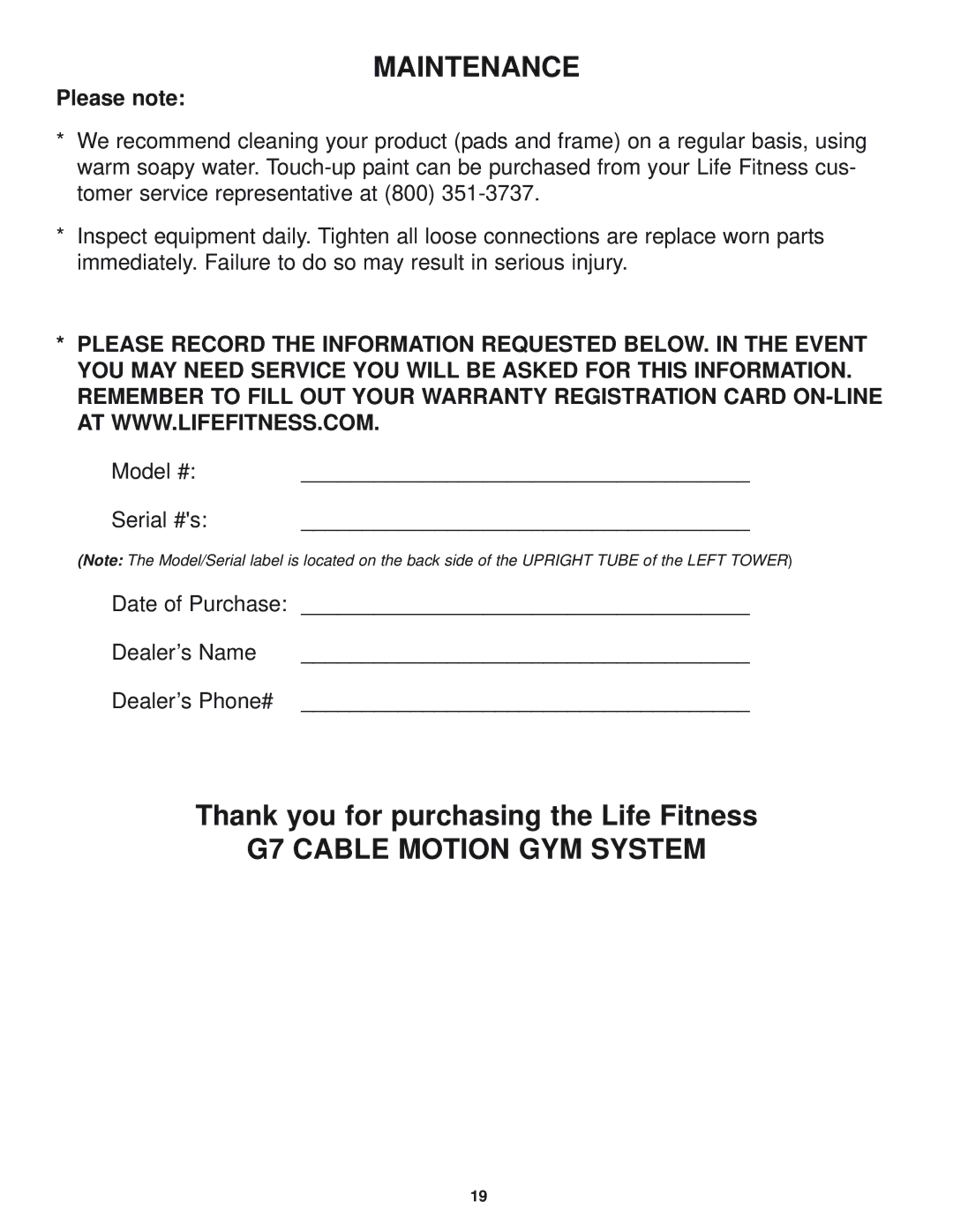 Life Fitness g7 manual Maintenance 